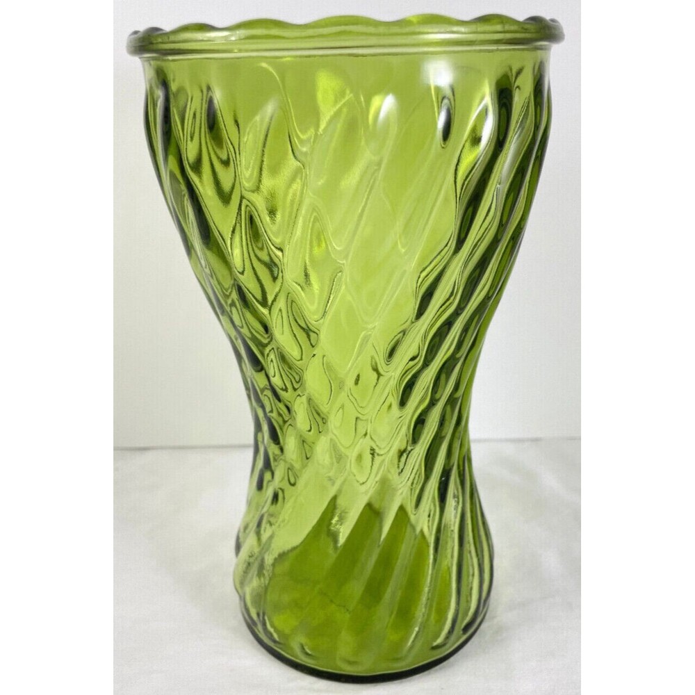 Green Glass Swirl Optic Vase Avocado 8" Vintage Hourglass USA Hoosier Glass
